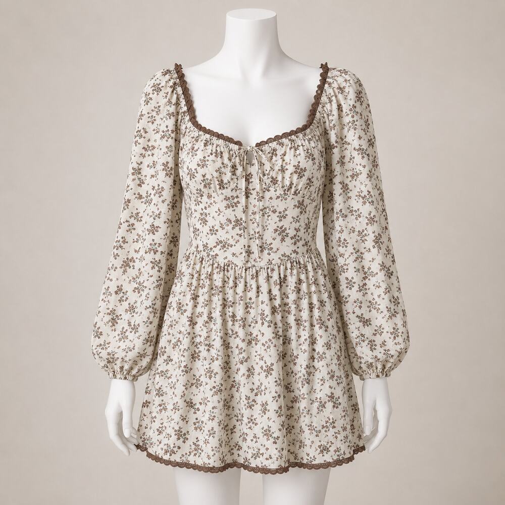Pink Lily Cottagecore Floral Mini Dress Cream Brown Long Sleeve Women’s Medium